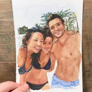 May include: Watercolor painting of three people smiling, with a beach scene in the background. The people are wearing swimwear. The painting is signed "bprice" in the lower right corner. The artwork is on white paper.