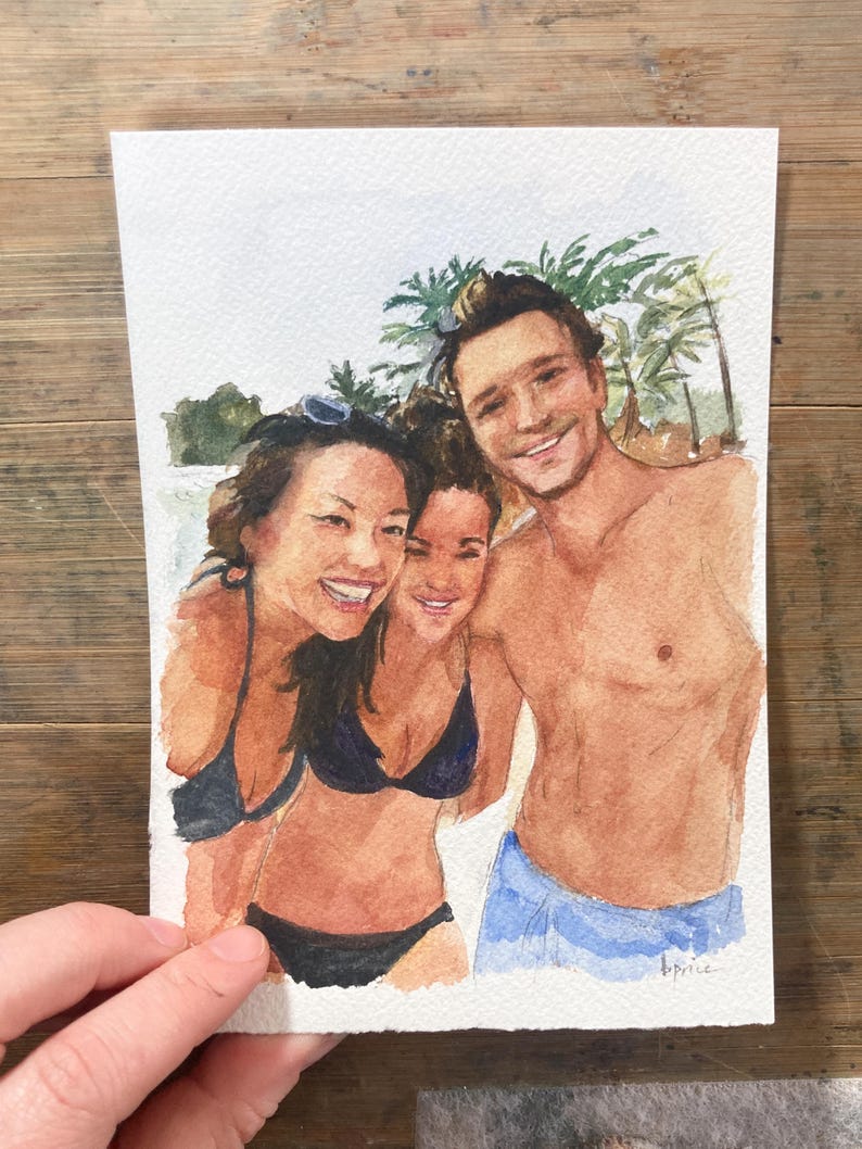 May include: Watercolor painting of three people smiling, with a beach scene in the background. The people are wearing swimwear. The painting is signed "bprice" in the lower right corner. The artwork is on white paper.