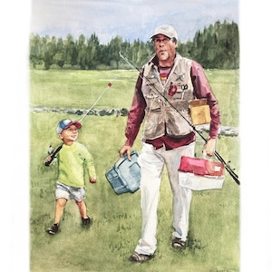 May include: Watercolor painting of a man and a child walking on a green field, carrying fishing gear. The man wears a fishing vest, red shirt, and white pants. The child wears a green shirt and shorts. A blue tackle box and a red and white tackle box are visible.