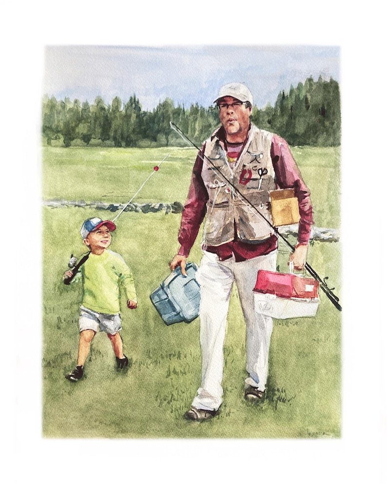 May include: Watercolor painting of a man and a child walking on a green field, carrying fishing gear. The man wears a fishing vest, red shirt, and white pants. The child wears a green shirt and shorts. A blue tackle box and a red and white tackle box are visible.