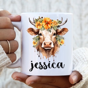 Tazza mucca personalizzata, tazza da caffè mucca personalizzata, regali mucca floreali, tazza mucca acquerello, regali mucca per donne, regalo di Natale mucca