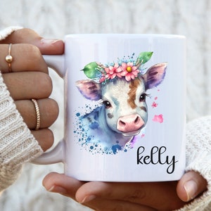Tazza di mucca personalizzata, tazza di mucca personalizzata, tazza di mucca floreale, regali di mucca, tazza di caffè di mucca, tazza di mucca per donne, regalo carino per gli amanti della mucca, tazza di ragazze di mucca