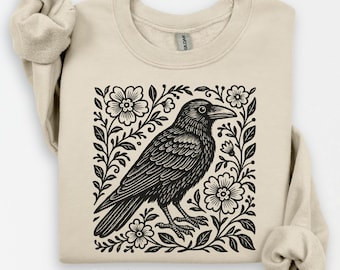 Bluza z motywem folklorystycznym wrony, bluza estetyczna Cottagecore, gotycka bluza z kwiatowym motywem wrony, linoryt ludowy wrony, goblincore w stylu vintage boho