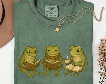 Comfort Colors® Frog Reading Shirt, Funny Frog Bookish Shirt, Cottagecore Frog Tee, Book Lover Gift, Vintage Bookworm Librarian Reader Shirt
