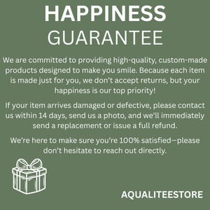 May include: White text on a green background reads "HAPPINESS GUARANTEE." The text below states the seller's commitment to quality and customer satisfaction. A gift box graphic is in the lower left corner, and the seller's name, AQUALITEESTORE, is at the bottom.