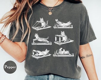 Comfort Colors® Funny Cat Pilates Shirt, Pilates Reformer Instructor Shirt, Workout Cat Tee, 90s Vintage Tattoo Style, Pilates Girl Gift