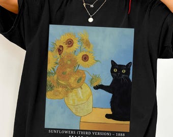 ゴッホのひまわり第3版猫Tシャツ、ヴィンテージアートTシャツ、黒猫T