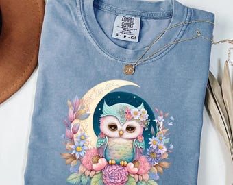 Comfort Colors® Floral Moon Owl Shirt, Cute Owl T-Shirt, Boho Owl Gifts, Celestial Nature Shirt, Pastel Owl Tee, Cottagecore Owl Shirt