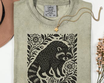Comfort Colors® Raccoon Folklore Shirt, Cottagecore Raccoon Aesthetic Shirt, Floral Raccoon Shirt, Vintage Raccoon Folk Linocut Art Gift