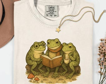 Comfort Colors® Frog Reading Shirt, Funny Frog Bookish Shirt, Cottagecore Frog Tee, Book Lover Gift, Vintage Bookworm Librarian Reader Shirt