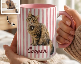 Personalized Cat Mug, Custom Cat Portrait Mug, Striped Cat Mom Coffee Cup, Custom Cat Photo Gift, Gift for Cat Lover, Custom Pet Picture Mug