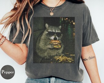 Comfort Colors® Funny Raccoon Eating Burger Shirt, Trash Panda Shirt, Streetwear Animal Graphic Tee, Raccoon Meme Shirt, Gift for Men, Women