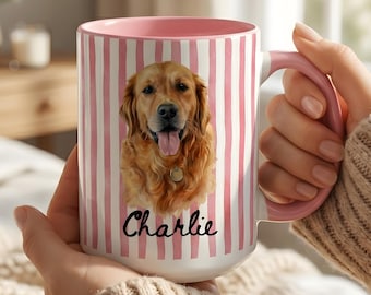 Personalized Golden Retriever Mug, Custom Dog Portrait Mug, Striped Dog Mom Coffee Cup, Custom Dog Photo Gift, Gift for Retriever Lover