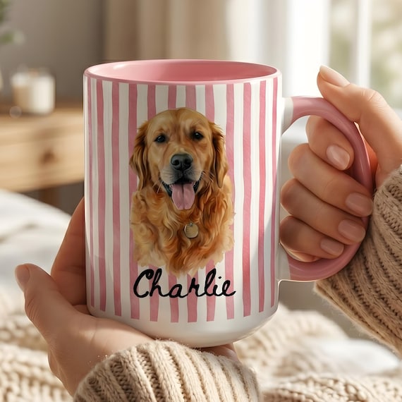 Personalized Golden Retriever Mug, Custom Dog Portrait Mug, Striped Dog Mom Coffee Cup, Custom Dog Photo Gift, Gift for Retriever Lover