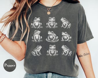 Maglietta Comfort Colors® Frog anni '90, Maglietta in stile tatuaggio vintage, Maglietta Cottagecore Frog, Regalo per gli amanti delle rane, Maglietta con graziose rane, Regalo per la natura selvaggia