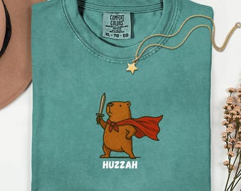 Comfort Colors® Huzzah Capybara Shirt, Funny Capybara Knight Shirt, Medieval Capybara Gift, Whimsical Renaissance Faire Capybara Tee