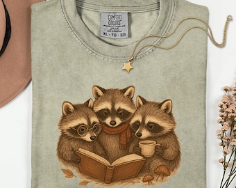 Comfort Colors® Raccoon Reading Shirt, Funny Raccoon Bookish Shirt, Cottagecore Raccoon, Book Lover Gift, Vintage Bookworm Librarian Reader