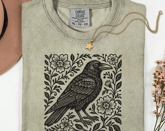 Comfort Colors® Crow Folklore Shirt, Cottagecore Aesthetic, Gothic Floral Crow Shirt, Raven Folk Linocut Art, Vintage Boho Goblincore Witch