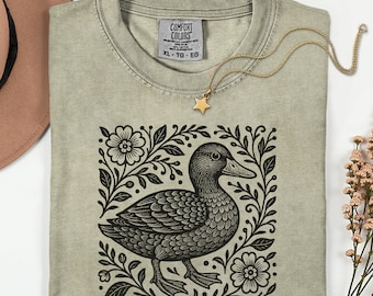 Comfort Colors® Duck Folklore Shirt, Cottagecore Duck Aesthetic Shirt, Floral Duck Shirt, Duck Folk Linocut Art, Vintage Boho Goblincore