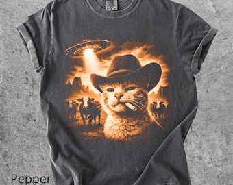 Comfort Colors® Cowboy Cat UFO Shirt, Vintage Rustic Shirt, Funny Cat Alien Shirt, Retro Western Shirt, Sci-Fi Rodeo, Cowboy Cowgirl Gift