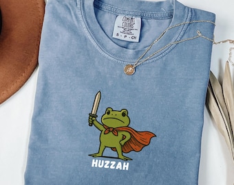 Comfort Colors® Huzzah Frog Shirt, Funny Frog Knight Shirt, Medieval Frog Gift, Whimsical Renaissance Faire Frog Tee