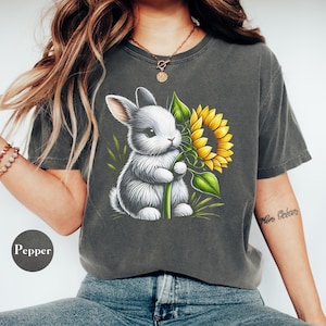 Bunny Sunflower Shirt, 100% Cotton Comfort Colors® Bunny Shirt, Cute Rabbit T-Shirt, Cottagecore Bunny Tee, Spring Floral Gift, Easter Shirt