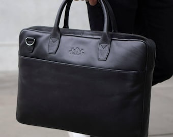 Borsa per laptop SID & VAIN BOSTON nera - Borsa sottile in vera pelle, adatta come borsa da ufficio per laptop da 15"