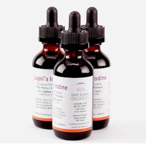 May include: Three amber glass bottles with black droppers, labelled "Lugol's Iodine" and "Earth Science Organics." The bottles contain a dark liquid and have white labels with detailed information. Each bottle holds 60ml.