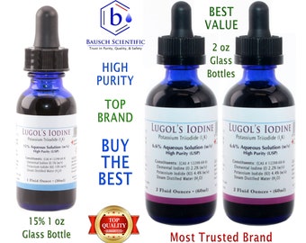 Lugol's Iodine USP 15% Max Strength 1oz + Two 6.6 percent 2oz Bottles w/Droppers BAUSCH SCIENTIFIC™ Trusted Top Brand • 3 Pack (5oz Total)