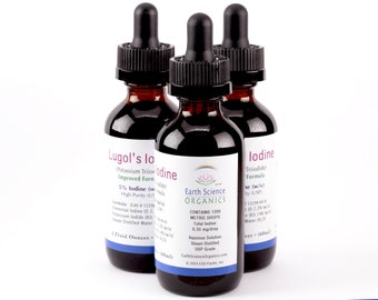 3—PACK – 3x 2 oz 5% Lugols Iodine Strong Solution Earth Science Organics Glass Bottle/Dropper • High Purity • WHO Listed (6 oz Total)