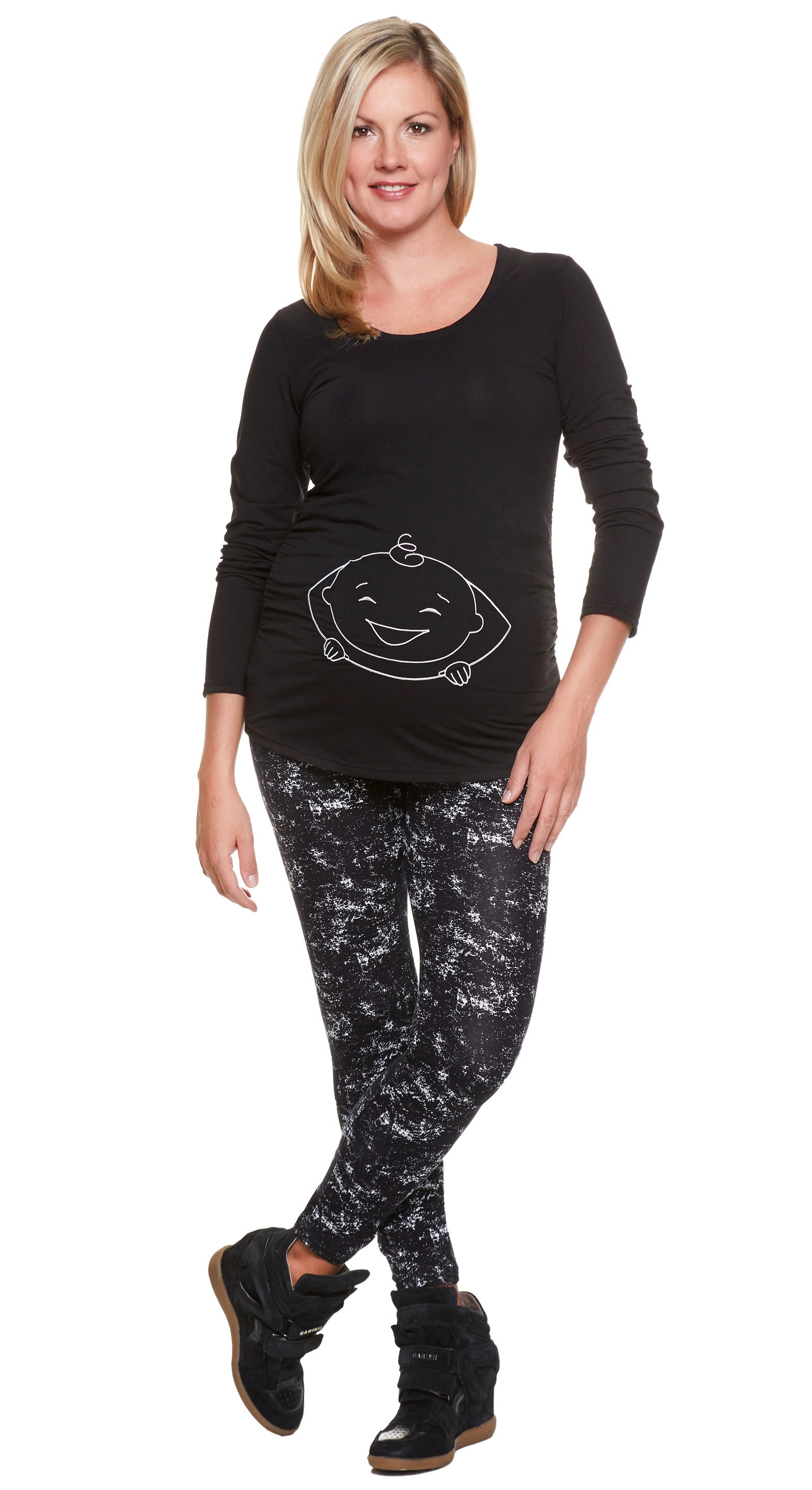 Umstandsshirt lustige Umstandsmode Schwangerschaftsmode Modell HERE I