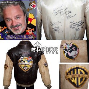 Vintage jaren '90 ANIMANIACS Crew Member Pinky en The Brain Hand ondertekend lederen bomberjack M-L//Jim Cummings eigendom van Warner Bros Anime Cartoon