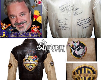 Vintage 90s ANIMANIACS Crew Member Pinky and The Brain Hand Signed Leather Bomber Jacket M-L// Jim Cummings Owned Warner Bros Anime Cartoon