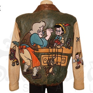Vintage Leather Pinocchio Aviator Bomber Jacket Disney Green Brown M Large// Jiminy Cricket 40s Cartoon Leather Jacket Disneyland Pop Art L