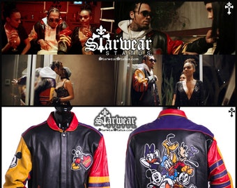 90s Vintage Jeff Hamilton x Chris Brown Celebrity Worn Wardrobe Music Video MTV Disney Mickey Mouse Leather Colorblock Cartoon Jacket