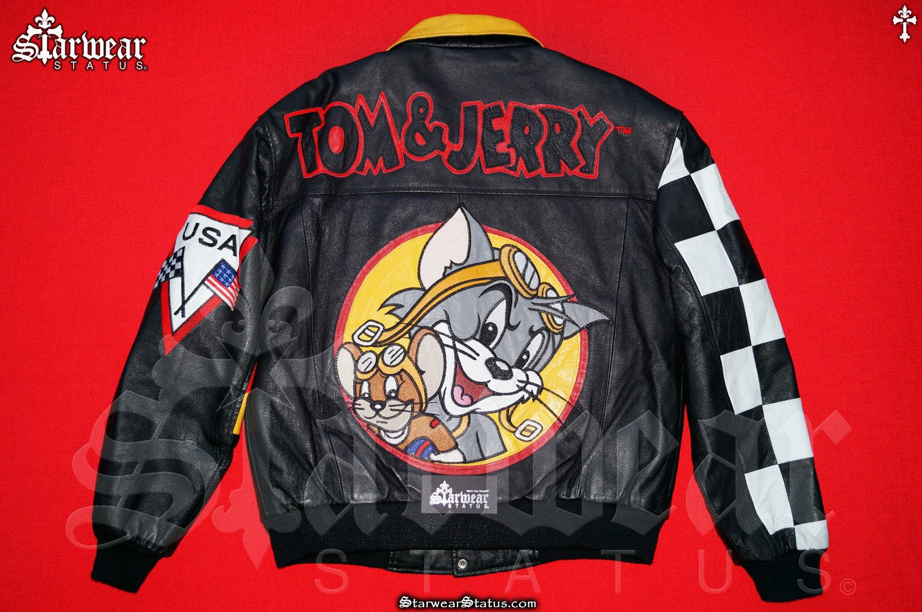 TOM AND JERRY WINDBREAKER JACKET Front&Back BIG LOGO Members Only 90s Retro  Vtg