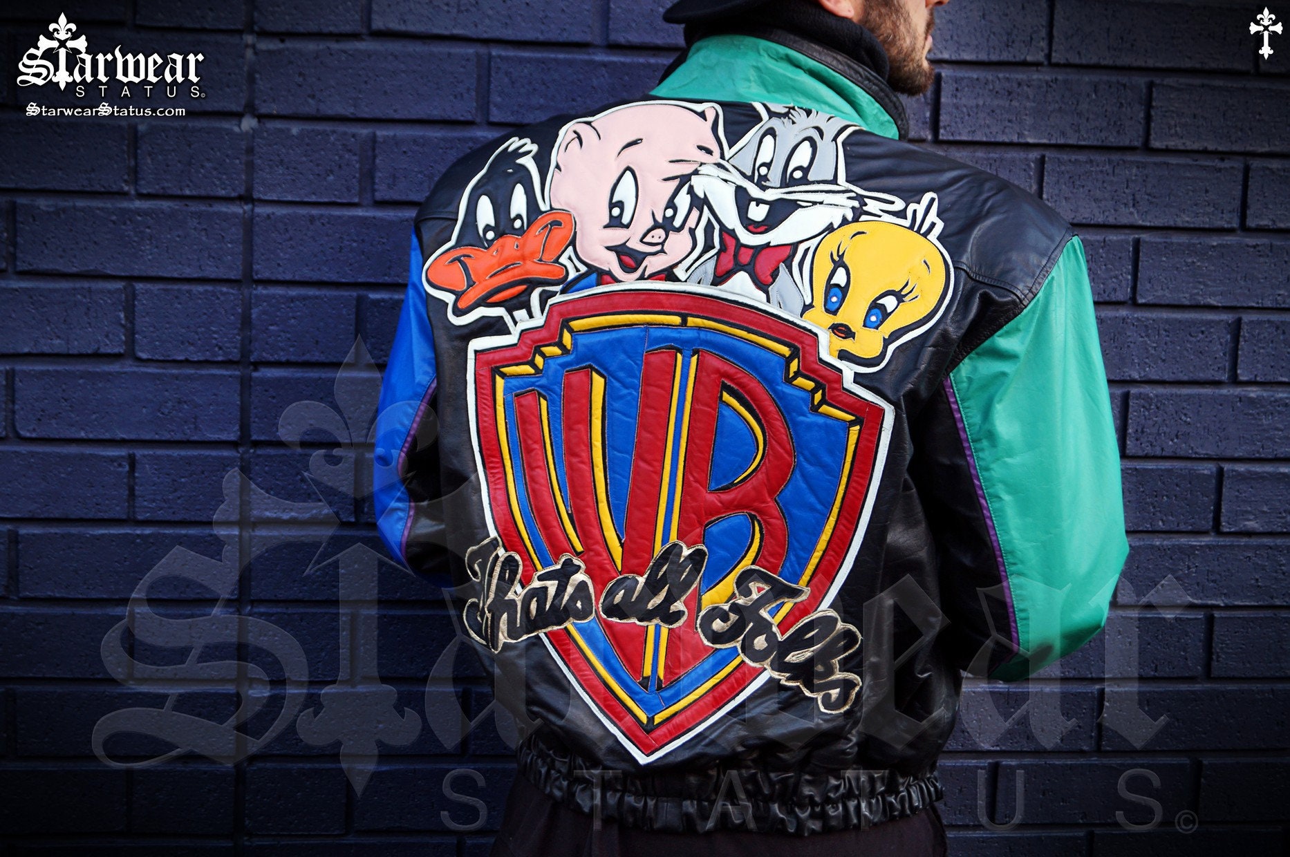 Josh Yaz Rare Looney Tunes Space Jam Cartoon Warner Bros Leather Motorcycle Jacket (M)