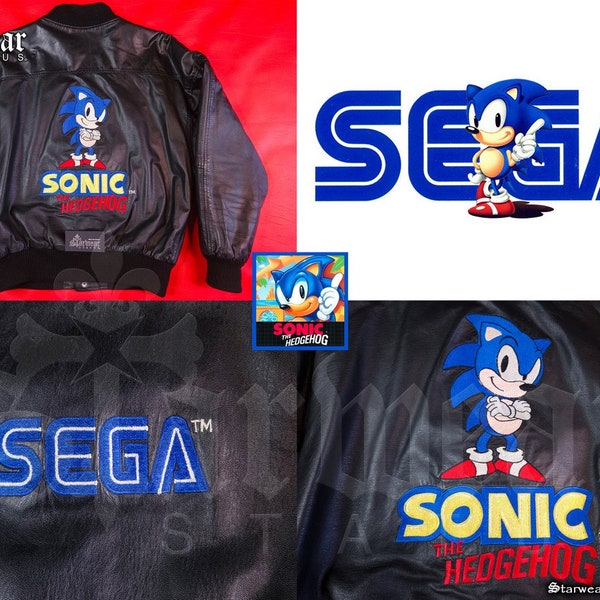 Vintage 90s SEGA Sonic The Hedgehog Game Crew Leather Bomber Jacket Medium Large// SEGA Employee Cartoon Promo Sonic 1991 Sichel Coat SZ M L