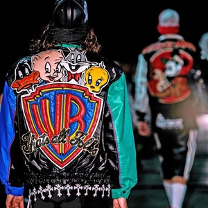 Vintage 90s Looney Tunes Leather Bugs Bunny x Daffy Duck Warner Bros Black Cartoon Bomber Biker Comic Jacket M L By Maziar Leather Gallery