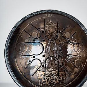 Steel Tongue Drum with Moon phases and Lotus, Perfect Gift for music enthusiasts, Yoga meditation tool, Mini metal handpan with Free Bag