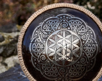 Steel Tongue Drum - Flower of Life, 14-Inch Engraved Handpan, 432 Hz Metal Drum with Rope Braid, Meditation Tool and Sound Healing Gift