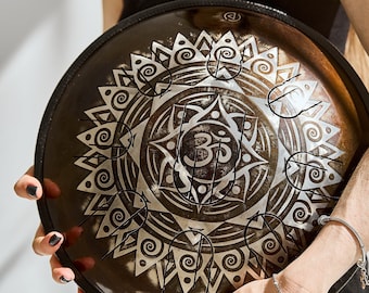 Flower of Life Om Mandala Drum, 14-Inch Steel Handpan, Engraved Tank Drum for Sound Healing and Yoga, Shaman 440 or 432 Hz Metal Drum