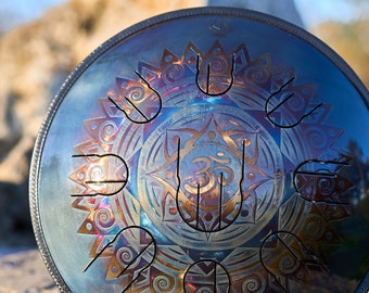 Om Mandala Steel Tongue Drum for Sound Healing, 14-Inch Custom Engraved Handpan, Perfect Gift for Meditation & Yoga, Rope Braid Tank Drum