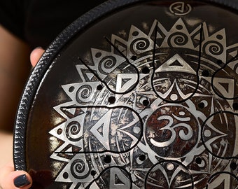 Om Mandala Steel Tongue Drum Design, 10-inch Perfect for meditation, sound healing, music enthusiasts, 440 Hz or 432 Hz Handpan + Free Bag