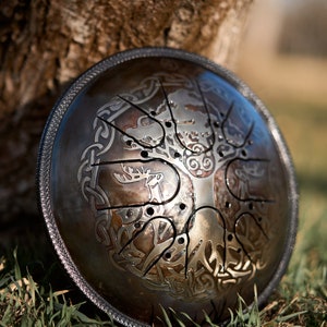 Steel Tongue Drum 10 inch with carrying Bag, Tank drum for Yoga and Meditation, Tree of life Yggdrasill engraved, Handcrafted with passion