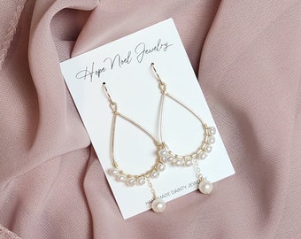 JOY Earrings - Freshwater Pearl Chandelier Earrings - Pearl Dangle Earrings - 14K Gold Fill - Bridal Jewelry - Fancy Earrings - Gift