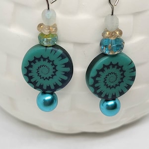 Teal green, blue, nautilus, laser tattooed, czech glass earrings
