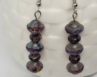 Purple czech glass dangle earrings