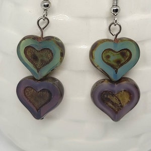 Blue and purple czech glass opaque heart earrings