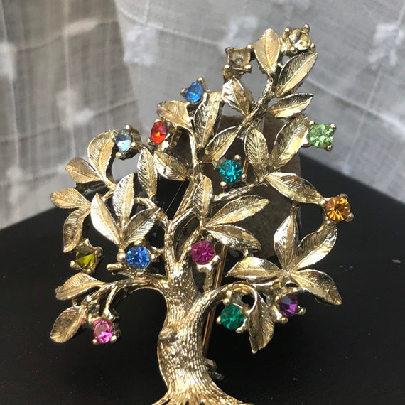 Dodds Gold Tone Tree Brooch with Multicolor Gemst… - image 2